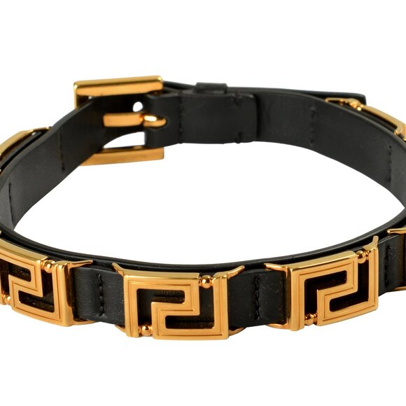 Versace Gold Color 100% Leather Metal Greeca Chain Choker Necklace - Picture 1 of 4
